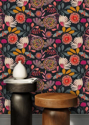 Miniatura 5 de Papel tapiz floral para despegar y pegar, extraíble, impermeable, azul marino/rosa/naranja, papel de contacto para dormitorio, baño, pared