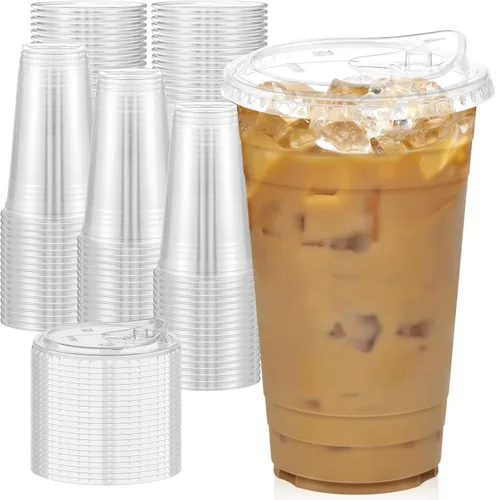 Dealusy Paquete de 100 vasos de plástico transparente de 24 onzas con tapas, resistentes y seguros para alimentos, tazas de café helado con tapas,