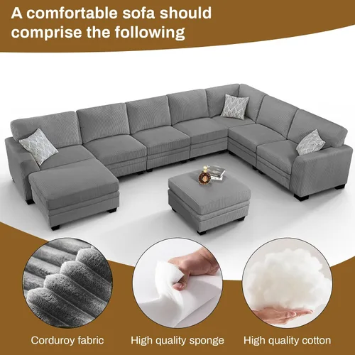 Miniatura 70 de Legend Vansen Sofá Seccional Modular de Gran Tamaño, Sofá en Forma de U de 7 Asientos con Otomana, Sofá de Pana con Asiento Profundo, Sofás Crema
