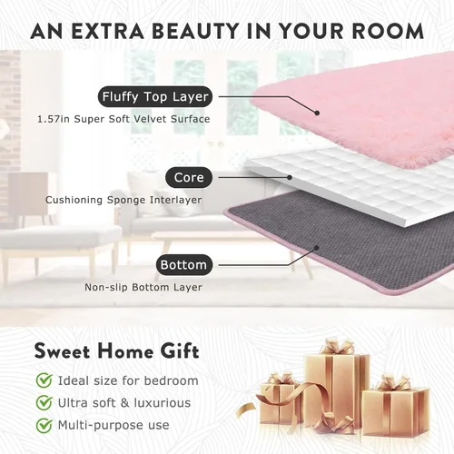 Miniatura 5 de Alfombra pequeña rosa para dormitorio, alfombras de área esponjosas peludas de 2x3 pies para habitación de niñas y niños, alfombra suave