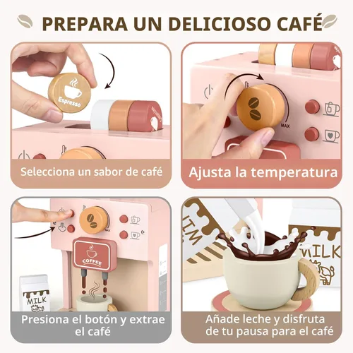 Miniatura 5 de Airlab Juego de café para niños, juego de cafetera de juguete para niños pequeños, accesorios de cocina de madera, juego de simulación para niñas