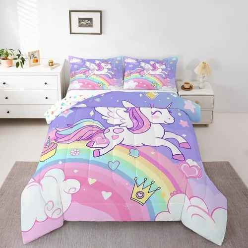 Miniatura 20 de Juego de Edredón de Princesa de Ballet para Niñas Tamaño Individual, Juego de Ropa de Cama de Castillo Arcoíris Kawaii Flores Lindas Mariquita Multi