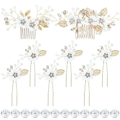 Dizila 20 piezas de diamantes de imitación para novia, boda, fiesta, graduación, perlas, doradas, flores blancas, peines laterales,