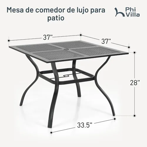 Miniatura 2 de PHI VILLA - Mesa de comedor al aire libre de 37 pulgadas, mesa de patio con malla de acero de metal, mesa de comedor con orificio para paraguas