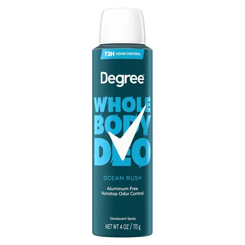 Degree Desodorante en aerosol de cuerpo entero para hombres, aroma Ocean Rush, sin aluminio, protección contra olores 72H, 4 onzas
