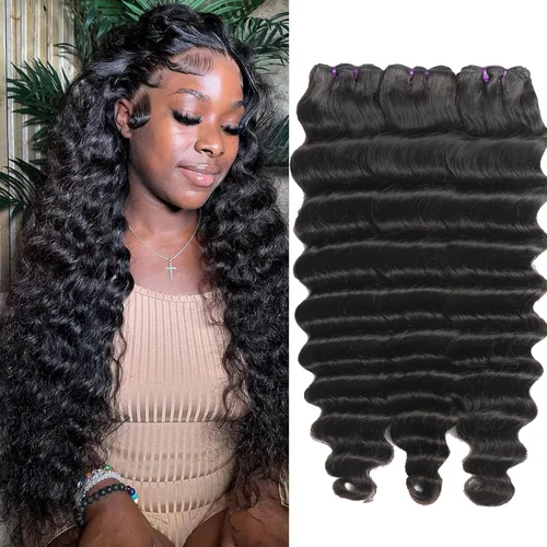 Miniatura 32 de Paquetes de cabello brasileño suelto de onda profunda con cierre, 3 paquetes y cierre de cabello humano de 10, 12, 14+10 pulgadas, 100% sin