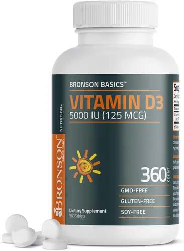 Bronson Vitamina D3 5000iu (125mcg) Suministro de 1 año para una función muscular saludable y apoyo inmunológico, sin OMG, 360 tabletas