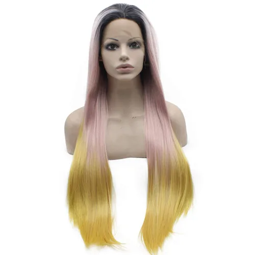 Miniatura 6 de Mxangel - Peluca de encaje frontal de fibra resistente al calor, natural, larga, recta, verde oscuro, gris