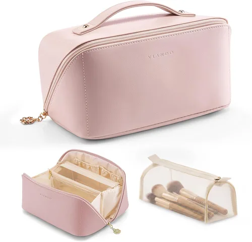 Miniatura 13 de Vlando Bolsa de maquillaje de viaje, neceser para mujer, piel sintética, abierta, plana, bolsa de maquillaje, Clásico elegante
