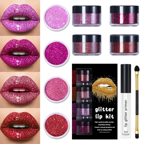 LOKFAR Kit de labios con purpurina de 4 colores – Polvo de pigmento brillante de diamante y purpurina metálica brillante, resistente al agua y de