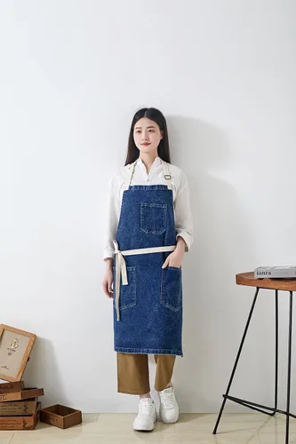 Miniatura 6 de Delantal Tobyan de Mezclilla de Algodón Suave - Delantal Unisex Ajustable con Babero de 5 Bolsillos Perfecto para Cocinas ZD-azul