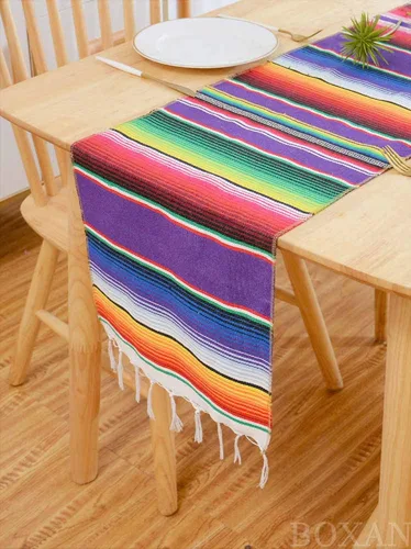 Miniatura 4 de BOXAN Camino de mesa de serape mexicano para decoración de boda, picnic al aire libre, mesa de comedor, manta de algodón con flecos, caminos de mesa