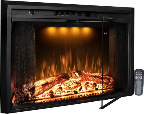 Insertos de chimenea eléctrica de 36 pulgadas con puerta de vidrio y pantalla de malla, llamas multicolor y sonidos crepitantes de fuego,