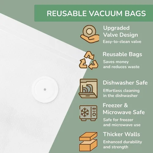 Miniatura 2 de Bolsas selladoras al vacío reutilizables con válvula limpiable mejorada, paquete de 20, paredes más gruesas, aptas para lavavajillas, congelador