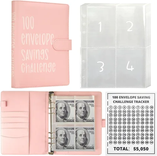 Miniatura 10 de LANBOUY Carpeta de desafíos de ahorro de dinero con 100 sobres, libro de presupuesto con desafío de ahorro en efectivo, carpeta de dinero de 52