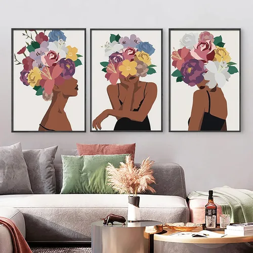 Juego de 3 pinturas de pared afroamericanas con diseño de flores negras para mujer, diseño de cabeza negra, pintura en lienzo, cuadros sin marco,
