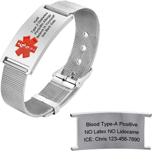 Miniatura 16 de Pulseras personalizadas de alerta médica para hombres, mujeres y niños, grabado gratuito, malla de acero inoxidable ajustable, pulsera