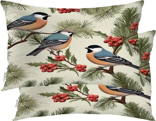 Miniatura 108 de Fundas de almohada con diseño de pinos y pájaros, bayas rojas, hojas de acebo, fondo beige, funda de cojín de mezcla digital, funda de almohada