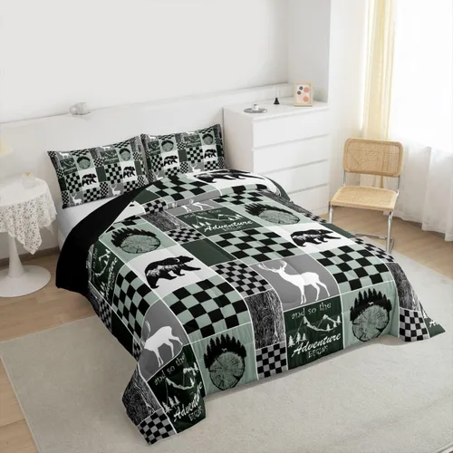 Miniatura 105 de Juego de edredón de oso y ciervo, tamaño individual, ropa de cama de animales salvajes de caza, colcha rústica de cabaña, casa de campo, cuadros