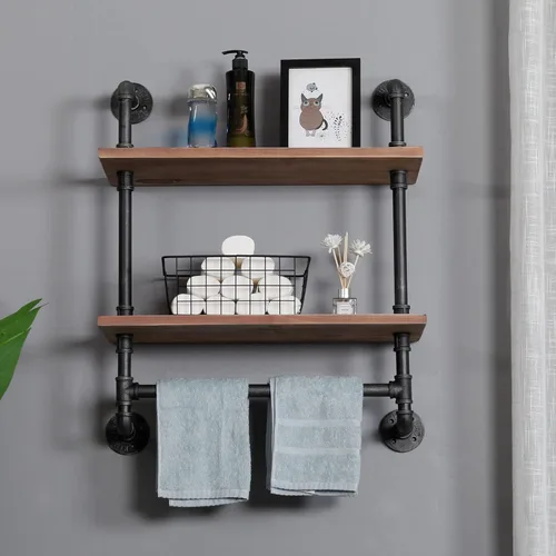 Miniatura 6 de Estante industrial de tubería para baño, estantes de pared montados en la pared, 2 niveles de 19.6 pulgadas de madera rústica, decoración flotante