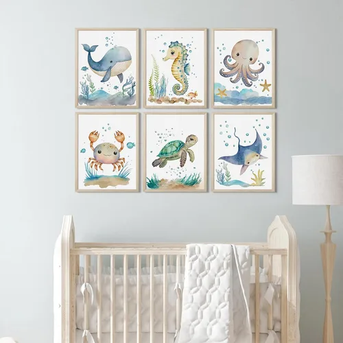 Miniatura 5 de Juego de 6 decoración de pared de animales marinos para guardería, lienzo de acuarela de océano, arte de pared para habitación de bebés y niños
