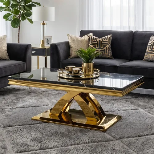 Miniatura 8 de AUZ Mesa auxiliar negra y dorada de 48 pulgadas, mesa central rectangular de lujo con base de metal pulido en forma de X para sala de estar, oficina