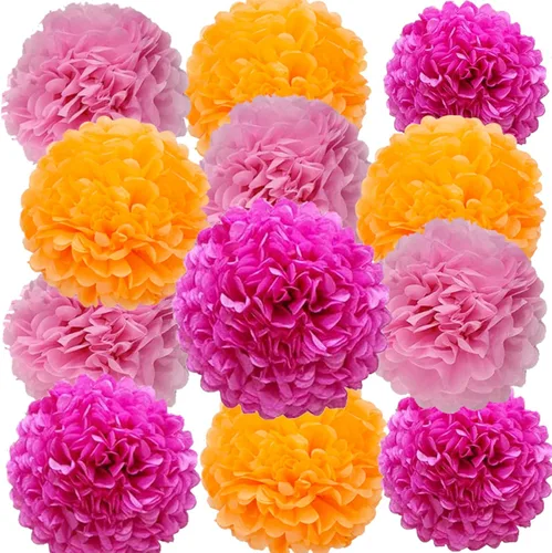 Miniatura 36 de We Moment Pompones de papel de seda morado y rosa para decoración de fiesta de niñas en el techo, para colgar en la pared, 12 pompones de seda de 4