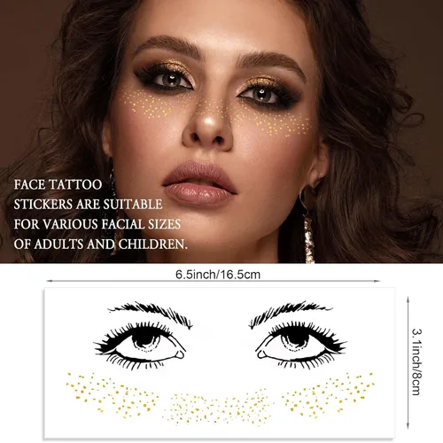 Miniatura 2 de 1 hoja de calcomanías de maquillaje de cara de pecas falsas metálicas metálicas doradas para tatuajes temporales, impermeables, brillantes, arte