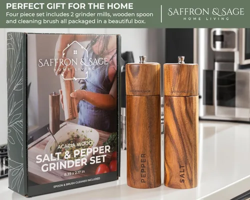 Miniatura 7 de Saffron & Sage Premium - Molinillo de sal y pimienta de madera de acacia de 2 a 8 pulgadas de alto con ajustes gruesos ajustables, resistente a