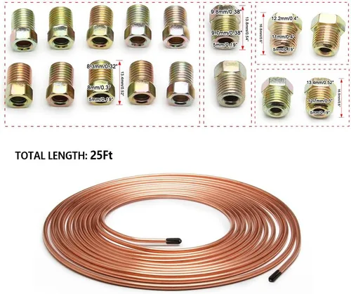 Miniatura 2 de 25 pies de kit de línea de freno de 3/16 - Incluye 16 accesorios de línea de freno con estriado invertido - Tubo de línea de freno de cobre chapado
