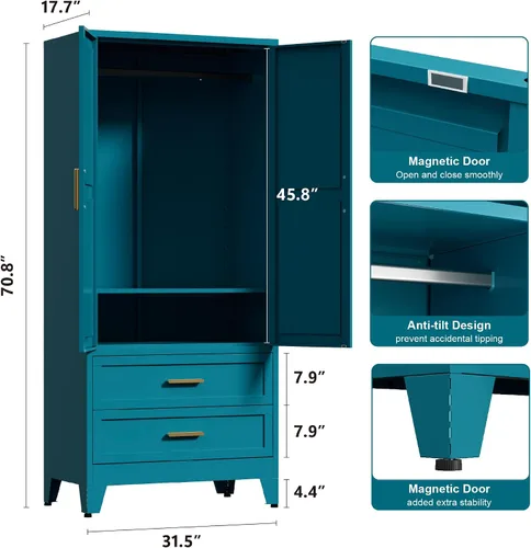 Miniatura 3 de Washsemba - Armario de guardarropas de metal de casa rural de 71'' con barra para colgar, 2 armarios de puerta de granero con estantes ajustables, 2
