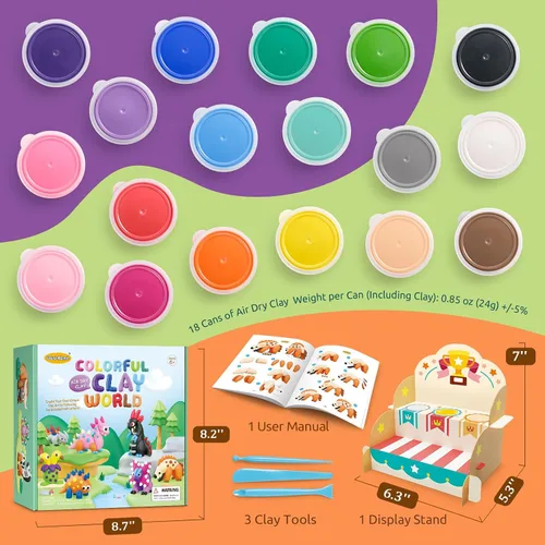 Miniatura 2 de Kit de arcilla seca Drama Planet para niños - 18 latas de arcilla para modelar, guía de 46 páginas con 26 tutoriales de personajes, gran regalo