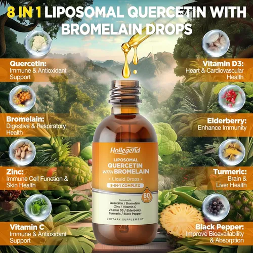 Miniatura 3 de Quercetina liposomal con gotas líquidas de bromelina, 8 en 1 quercetina orgánica 1000 mg suplementos con bromelina 500 mg, vitamina C, D3, zinc
