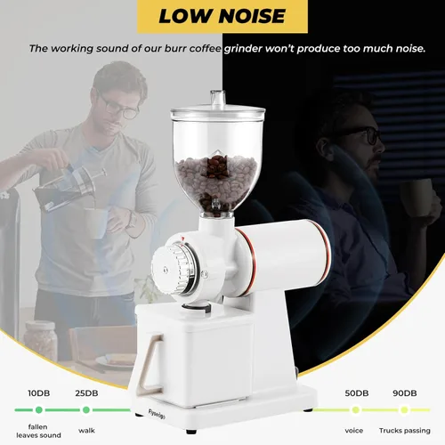 Miniatura 4 de Molinillo de café de Burr eléctrico, para uso comercial y doméstico, silencioso, pequeño, con tolva ajustable, con cepillo, cuchara, color blanco