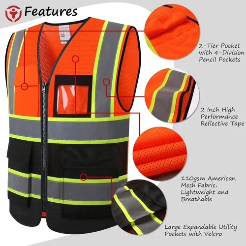 Miniatura 3 de Chaleco de seguridad reflectante de alta visibilidad para hombres y mujeres con bolsillos y cremallera frontal, cumple con los estándares ANSI/ISEA