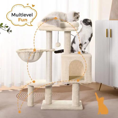 Miniatura 6 de Árbol pequeño para gatos beige torre para gatos con poste rascador de 32 pulgadas con casa condominio para gatos, hamaca acogedora y cama superior