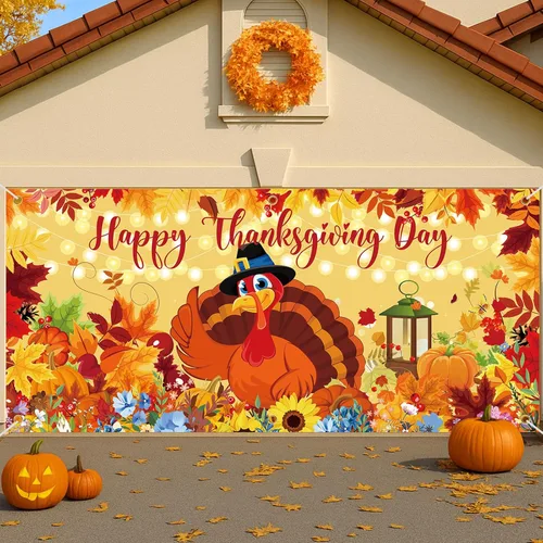 Miniatura 8 de Hosuly Pancarta decorativa de otoño para puerta de garaje de 13 x 6 pies, extra grande, telón de fondo de espantapájaros de calabaza y otoño