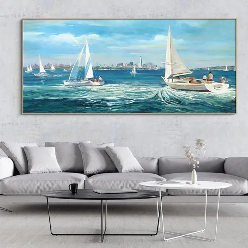 Miniatura 5 de XLSJERST Arte de Pared de Lienzo Azul Grande Pintura de Paisaje Marino - Cuadro de Paisaje con Textura Azul Marino Moderno Velero Obra de Arte