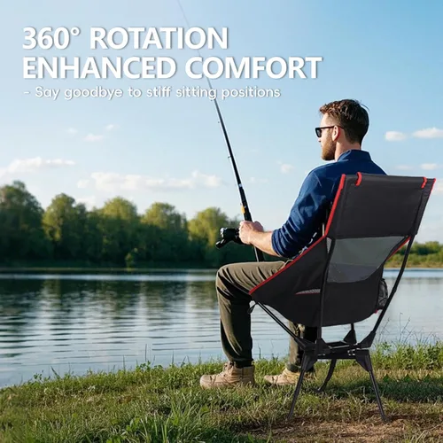 Miniatura 3 de Silla de camping de respaldo alto, silla plegable giratoria con soporte para la cabeza, bolsillo lateral para tazas, rotación flexible de 360°