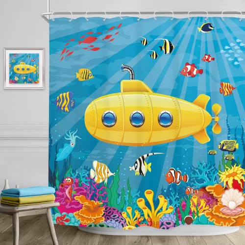 Miniatura 3 de Riyidecor Cortina de ducha infantil para decoración de baño, 72 pulgadas de ancho x 72 pulgadas de alto, diseño de dibujos animados, amarillo