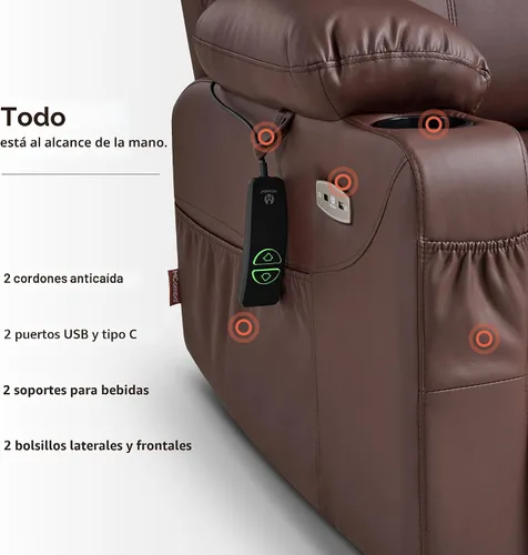 Miniatura 8 de MCombo Sillón reclinable eléctrico con capacidad de elevación, masaje y calor para ancianos, 3 posiciones, 2 bolsillos laterales y portavasos