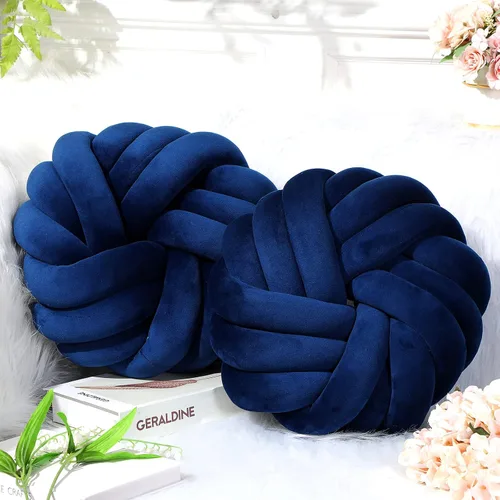 Miniatura 5 de Fumete 2 Piezas Almohadas de Nudo Redondas de 14 Pulgadas para Lanzar, Almohada de Bola de Nudo de Felpa Suave Hecha a Mano, Cojín Decorativo Azul