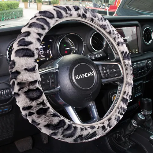 Miniatura 10 de Funda elástica Kafeek para volante, de felpa de microfibra, cálida para el invierno, universal, 15 pulgadas, antideslizante, sin olor, color negro