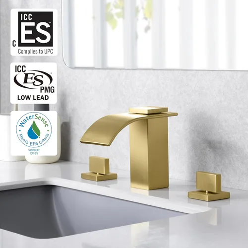 Miniatura 2 de SUMERAIN Grifo de baño de cascada de oro cepillado 3 agujeros 8 pulgadas grifo de lavabo de baño extendido