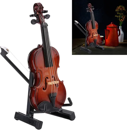 Miniatura 7 de HERCHR Violín en miniatura de madera, violonchelo en miniatura con soporte, mini instrumento musical, modelo de casa de muñecas en miniatura