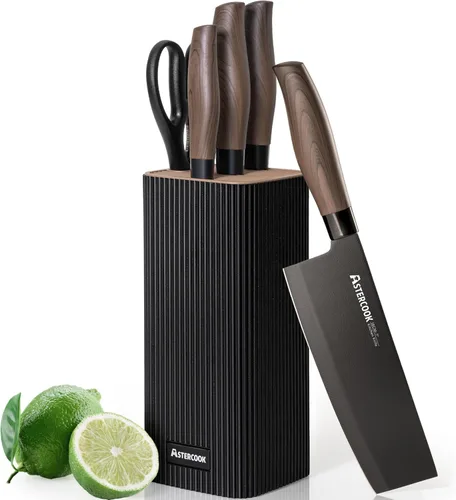 Astercook Juego de cuchillos de cocina de 6 piezas con bloque, cuchillos de cocina ultra afilados de acero inoxidable de alto carbono, mango de