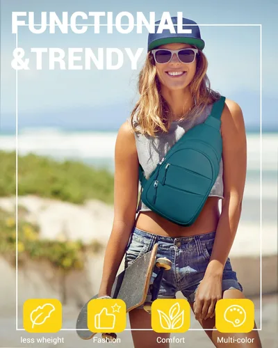 Miniatura 8 de Bolsos cruzados para mujeres, bolso bandolera para hombres, pequeña mochila de senderismo antirrobo ligera para viajes al aire libre, Azul verdoso