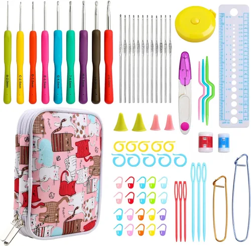 Miniatura 10 de KOKNIT Kit profesional de ganchillo, 9 ganchos de ganchillo ergonómicos de agarre suave, 14 ganchos de ganchillo de aluminio completo con funda