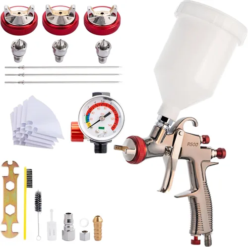 DAXINYANG R500 Pistola rociadora LVLP con boquillas de 1.3/1.5/1.7/2.0mm, Válvula de control de flujo de aire y filtros de pintura, Pistolas de