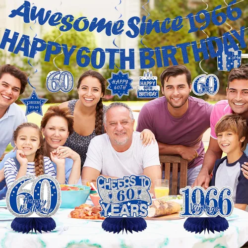 Miniatura 4 de Crenics Decoraciones azules de 60 cumpleaños para hombres o mujeres – Cartel de feliz cumpleaños 60, pancarta impresionante desde 1966, centros